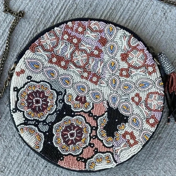 Anthropologie Florence Beaded Round Pouch Crossbody Purse Bag Boho Bohemian - Picture 2 of 7